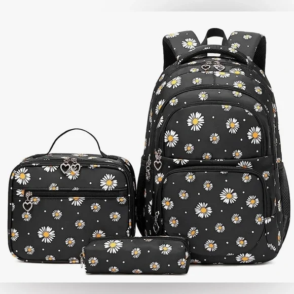 NWT 3Pcs Daisy Prints Backpack Bookbag set, AVAILABLE IN GREY AND BLACK